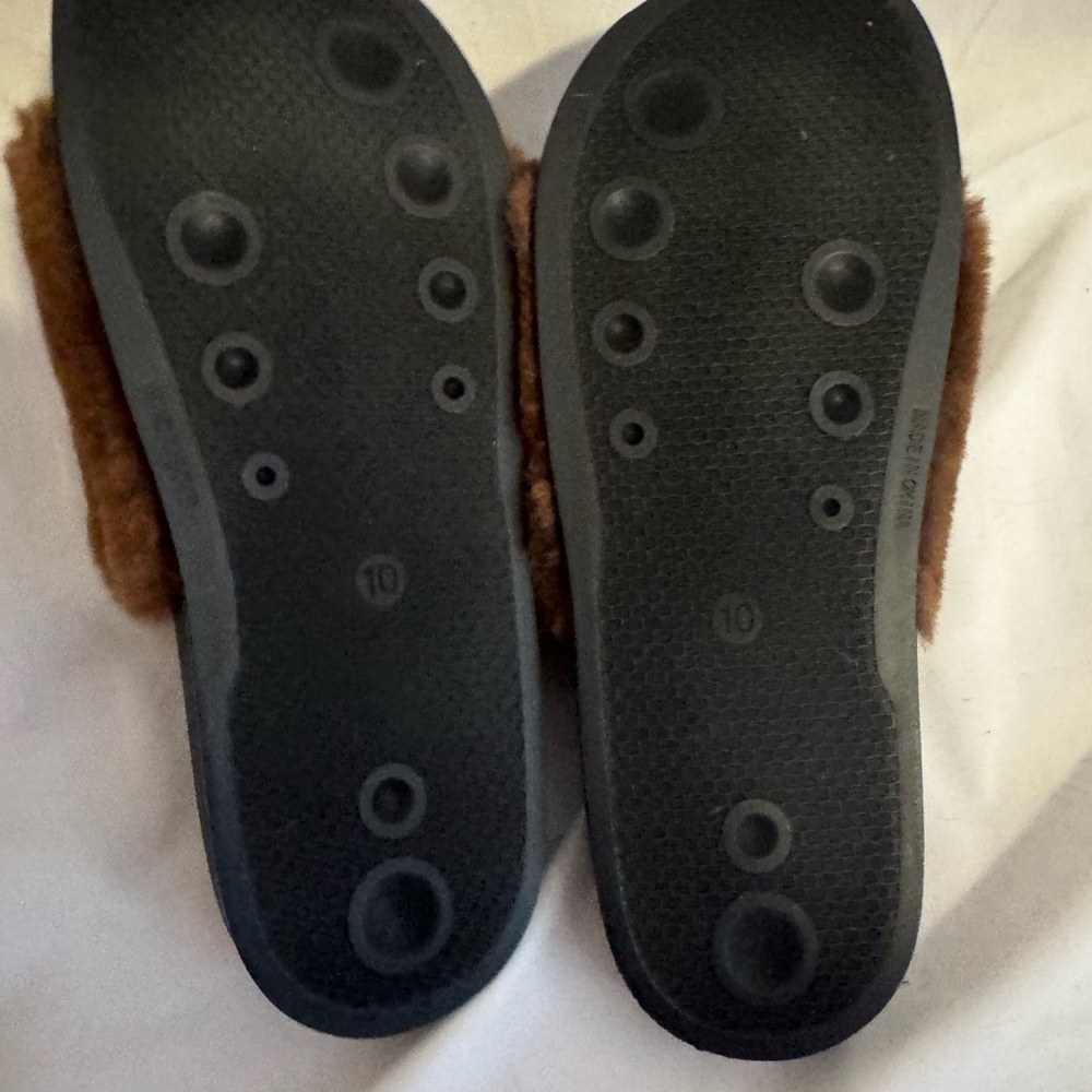 INC Brown Fur Slippers with Gold Chain - Picture 2 of 3